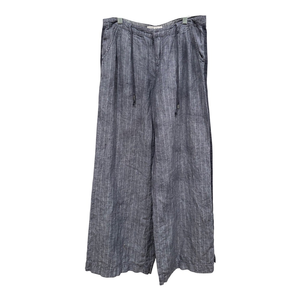 Marrakech Women Blue Pinstripe 100% Linen Wide Leg Drawstring Pants Size 27‎